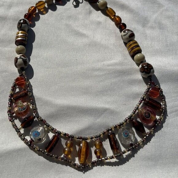 Vintage Amber & Glass Faceted Bead and Porcelain Flower Boho Necklace 21 inches - Picture 15 of 15